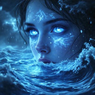 The primary subject of the image is a woman with blue eyes, who appears to be underwater. She has long hair and is surrounded by a blue ocean. The setting is a dark, watery environment, and the visual style is a digital art or illustration. The colors and mood of the image are predominantly blue, creating a serene and mysterious atmosphere.